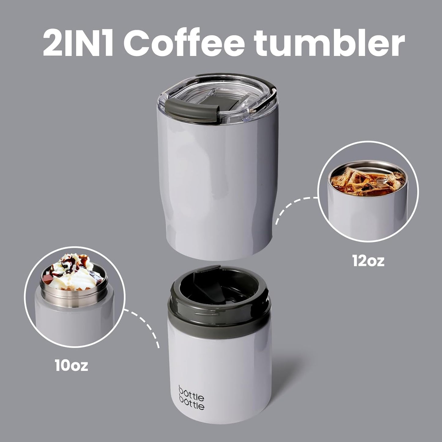 BOTTLE BOTTLE Stainless Steel Tumblers with Handle, Insulated Tumblers with 2 Lids, 22oz 2IN1 Coffee Cup for Home Office and Party, Travel Cups for Woman and Man as Gifts(Gray)