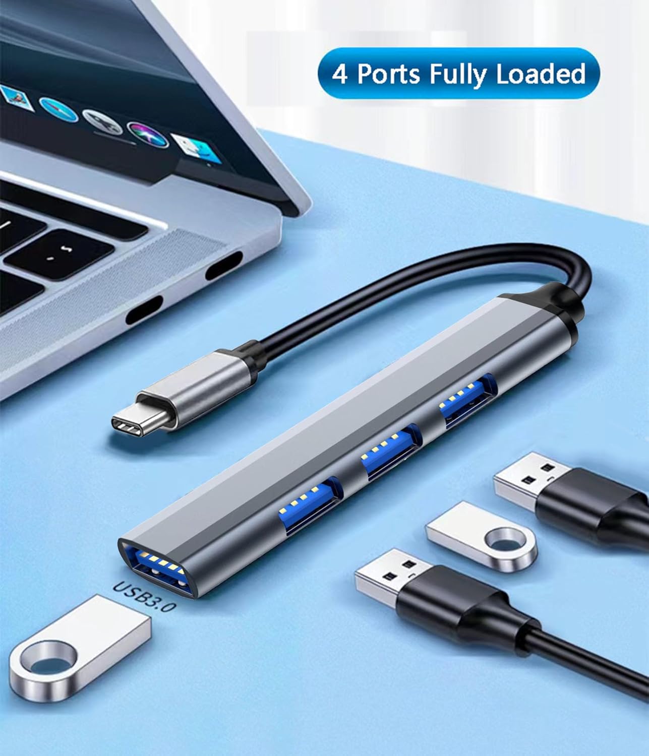 USB C 3.0 Hub, 4Port USB Hub Splitter Expander 5Gbps, for Laptop, PC, Flash Drive, HDD, Console, Printer, Camera, Keyborad, Mouse