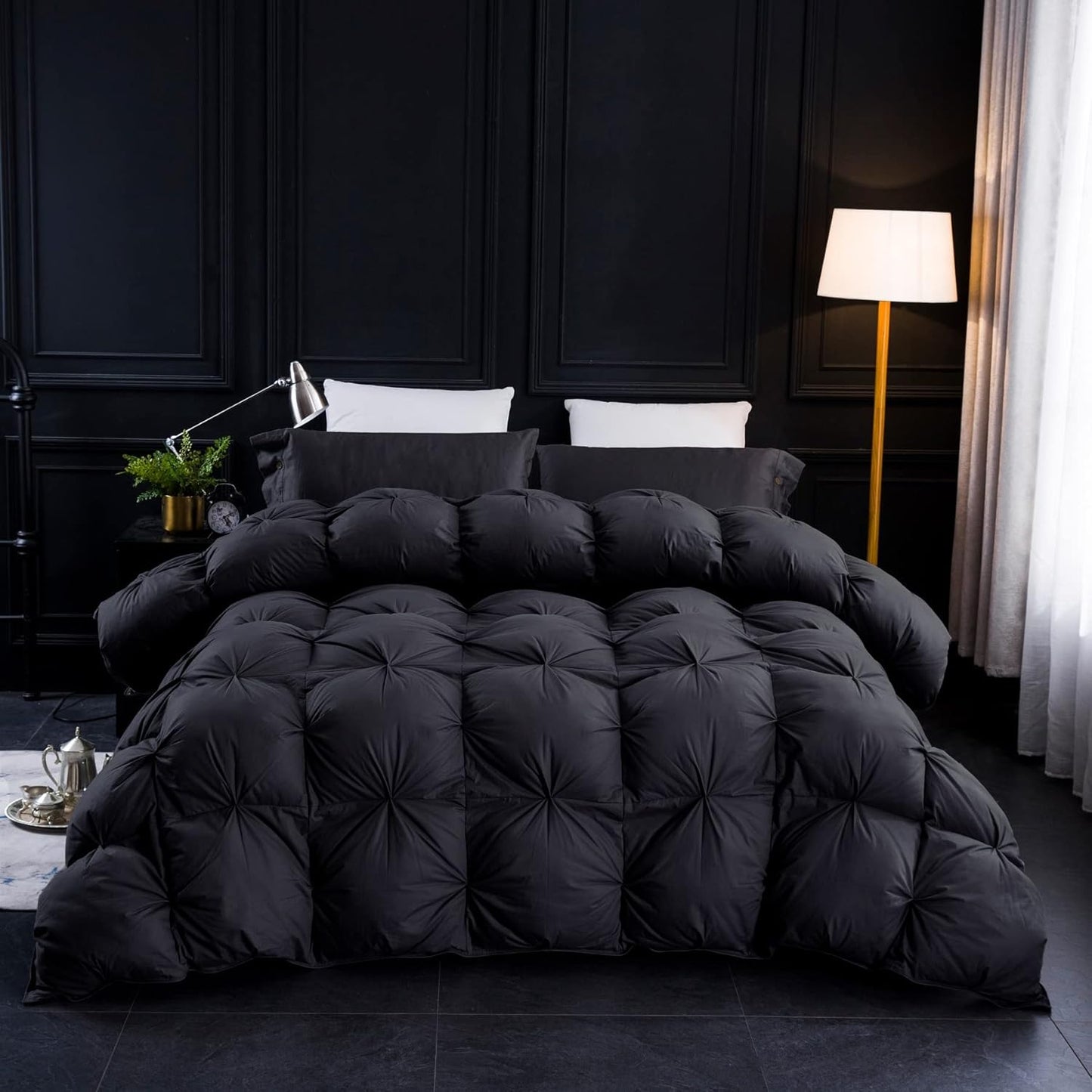 Three Geese Pinch Pleat Waterfowl Feathers and Down Comforter King Size Duvet Insert,750+ Fill Power,1200TC 100% Cotton, Premium All Seasons BlackGrey Comforter with 8 Tabs