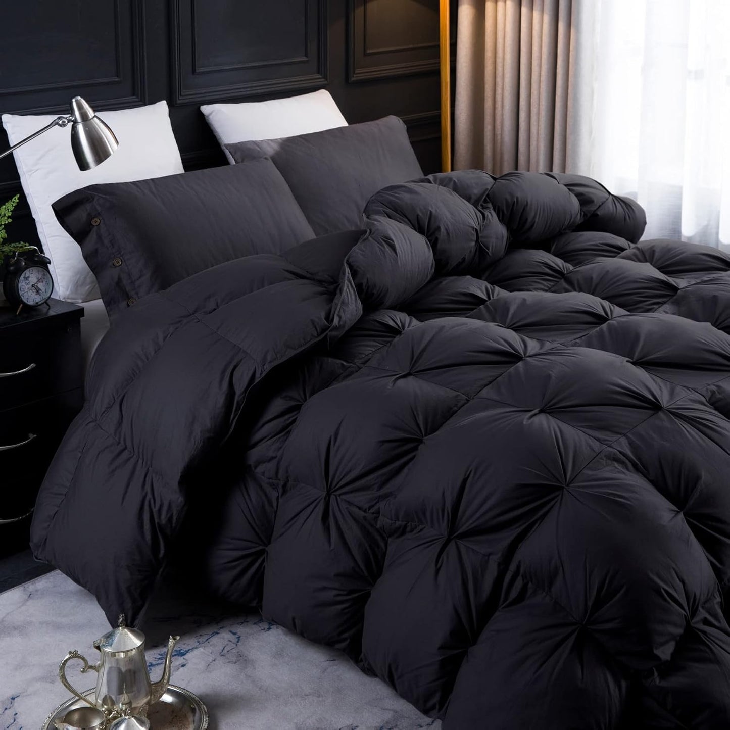 Three Geese Pinch Pleat Waterfowl Feathers and Down Comforter King Size Duvet Insert,750+ Fill Power,1200TC 100% Cotton, Premium All Seasons BlackGrey Comforter with 8 Tabs