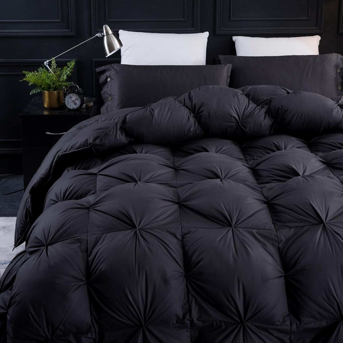 Three Geese Pinch Pleat Waterfowl Feathers and Down Comforter King Size Duvet Insert,750+ Fill Power,1200TC 100% Cotton, Premium All Seasons BlackGrey Comforter with 8 Tabs