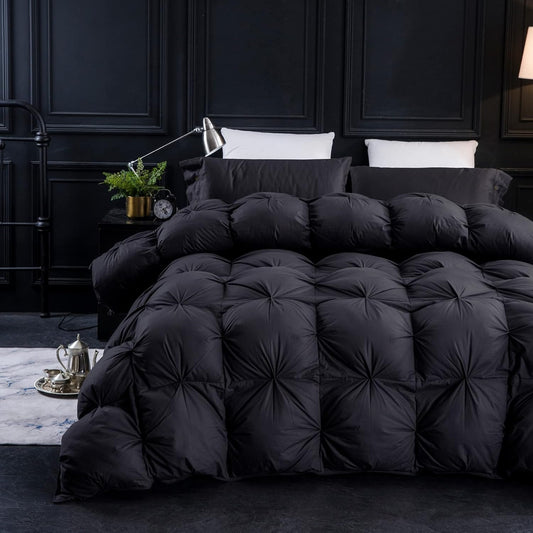 Three Geese Pinch Pleat Waterfowl Feathers and Down Comforter King Size Duvet Insert,750+ Fill Power,1200TC 100% Cotton, Premium All Seasons BlackGrey Comforter with 8 Tabs