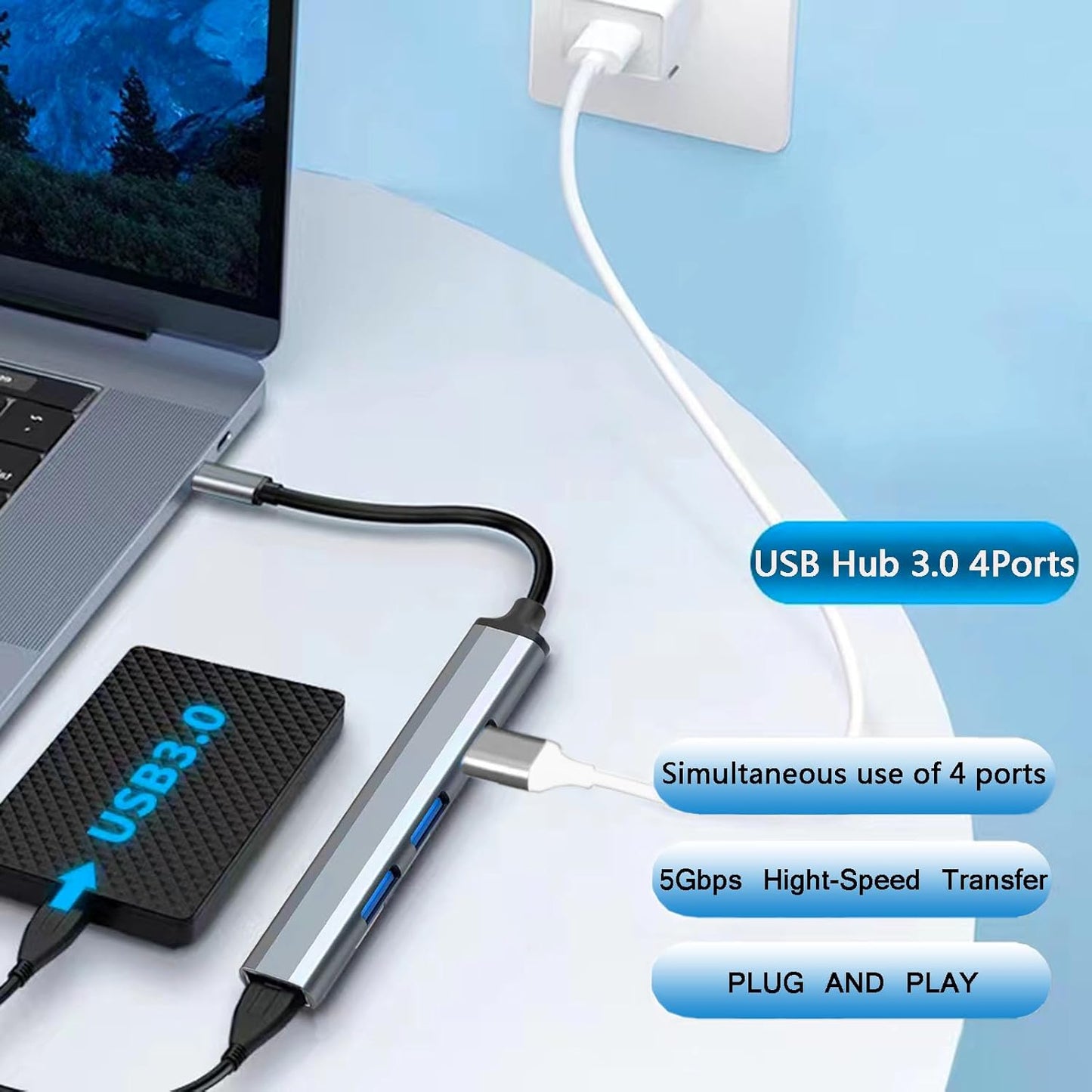USB C 3.0 Hub, 4Port USB Hub Splitter Expander 5Gbps, for Laptop, PC, Flash Drive, HDD, Console, Printer, Camera, Keyborad, Mouse